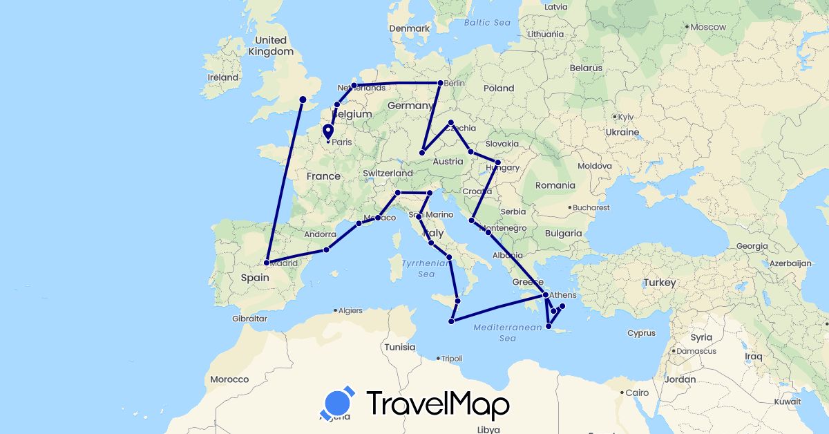 TravelMap itinerary: driving in Austria, Belgium, Czech Republic, Germany, Spain, France, United Kingdom, Greece, Croatia, Hungary, Italy, Malta, Netherlands (Europe)